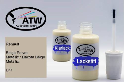 Renault, Beige Poivre Metallic / Dakota Beige Metallic, D11: 20ml Lackstift + 20ml Klarlack - Set, von ATW Autoteile West.